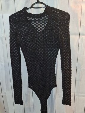 A3 Design Black Crochet V-Neck Long-Sleeve Bodysuit